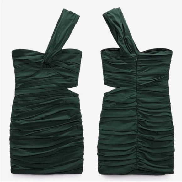 NWT Zara ASYMMETRICAL neckline LINEN BLEND DRESS green ruching mini - Picture 14 of 14